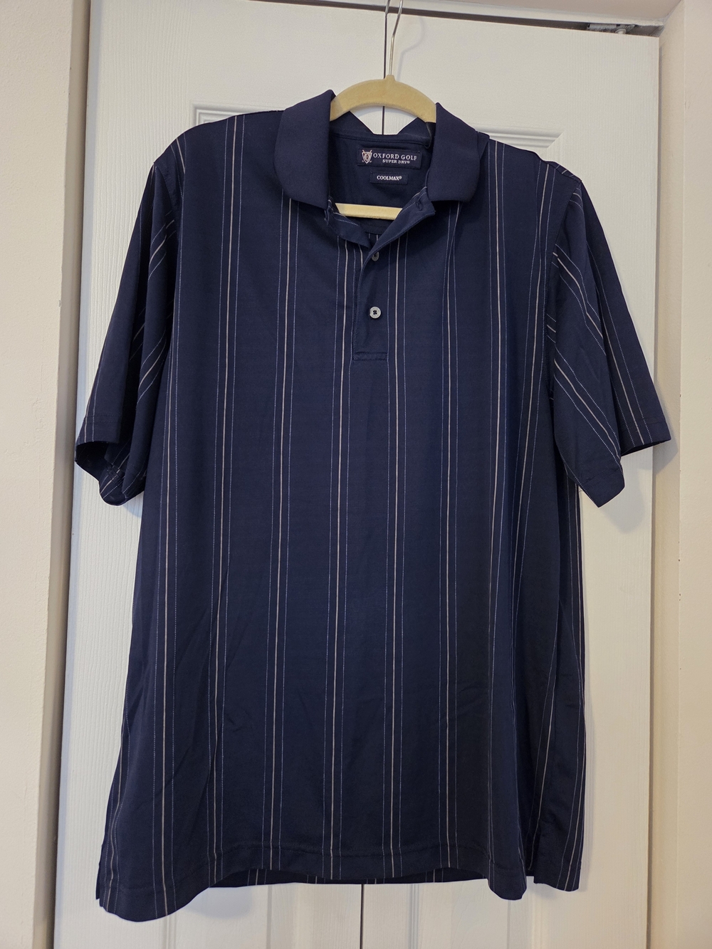 Oxford Golf Navy Polo with Thin White Vertical Stripes